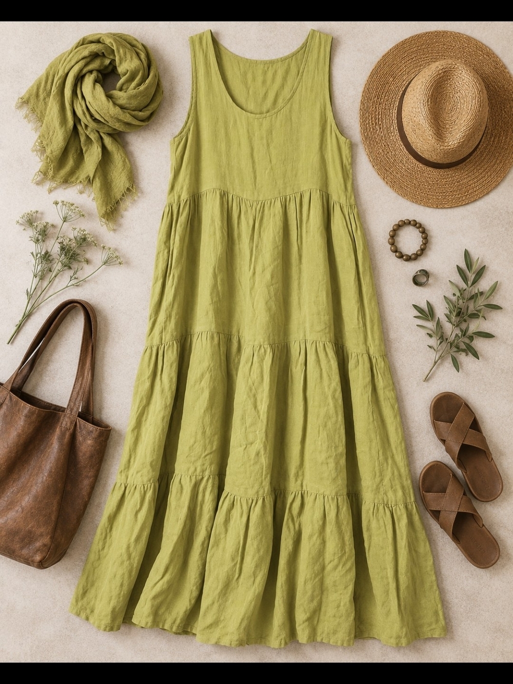 Sleeveless Tiered 100% Linen Dress in Chartreuse Green